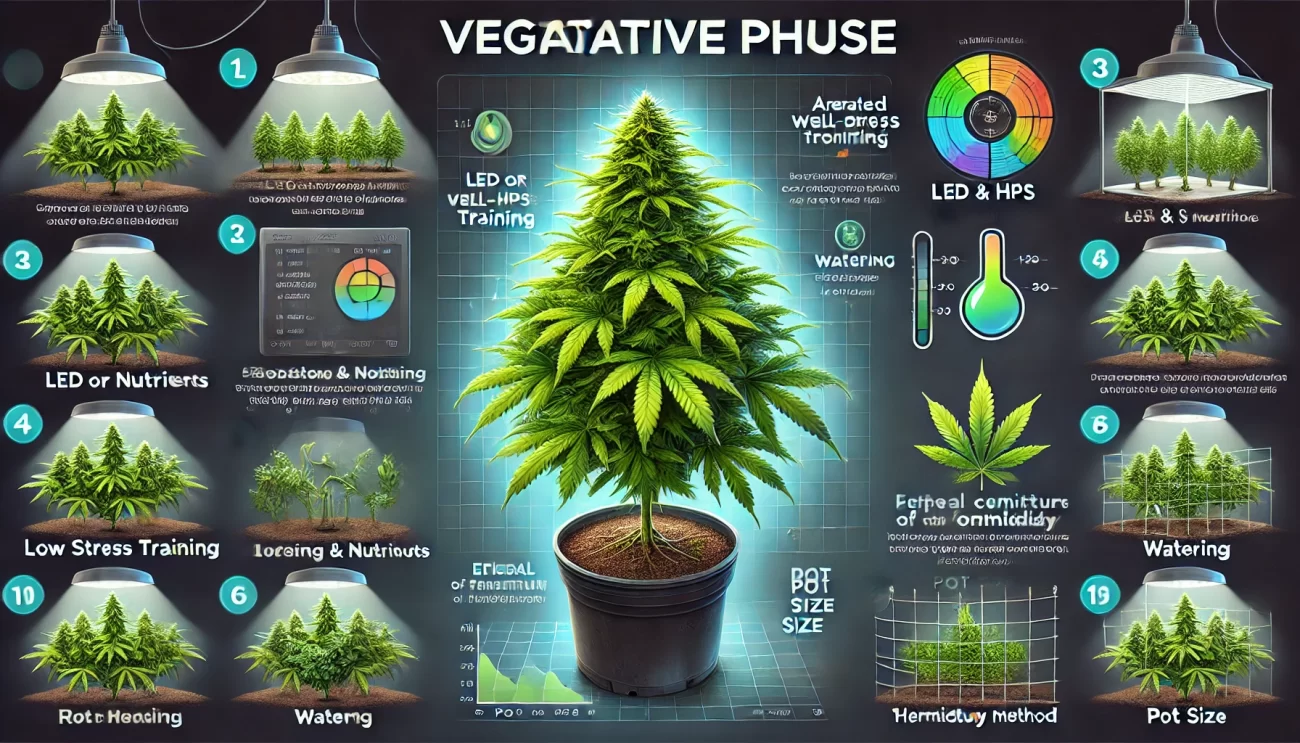 ¿Qué es la fase vegetativa en el cannabis y cómo aprovecharla? El cultivo de cannabis es un proceso que requiere atención, paciencia y conocimiento. Una de las etapas más importantes en el desarrollo de la planta es la fase vegetativa. Entender esta fase y saber cómo optimizarla marcará la diferencia en la calidad y cantidad de la cosecha. A continuación, te explicamos en qué consiste esta etapa y te damos algunos consejos para sacarle el máximo provecho. ¿Qué es la fase vegetativa del cannabis? La fase vegetativa cannabis es el período en el que la planta de cannabis crece activamente, desarrollando tallos, hojas y raíces. Se inicia una vez que la plántula ha germinado y ha desarrollado sus primeras hojas. Esta se extiende hasta que comienza la floración. En cultivos de interior esta fase suele durar entre 3 y 8 semanas, dependiendo de la variedad y de los objetivos del cultivador. En el exterior puede extenderse por varios meses hasta que los días se acortan de forma natural y la planta recibe la señal para florecer. Durante esta fase la planta se centra en la fotosíntesis y la producción de energía. Así acumula recursos para la siguiente etapa. Un buen crecimiento vegetativo es clave para obtener una cosecha abundante, ya que una planta con un sistema radicular fuerte y una estructura robusta puede soportar mejor el peso de los cogollos en la floración. Factores clave para optimizar la fase vegetativa Para maximizar el crecimiento de marihuana es fundamental los siguientes cuidados en la etapa vegetativa: Iluminación Una mayor exposición a la luz permite un crecimiento más rápido. En cultivos de interior se recomienda un fotoperiodo vegetativo de 18 a 24 horas de luz al día con lámparas LED, HPS o CMH. Mientras que en el exterior esta fase dura mientras los días sean largos. Sustrato y nutrientes Un suelo aireado y bien drenado favorece una mejor absorción de agua y nutrientes. Además, el nitrógeno es esencial para el crecimiento de las hojas y los tallos, por lo que es clave elegir fertilizantes con una buena proporción de nitrógeno, fósforo y potasio (NPK). Riego Es importante regar con frecuencia. El exceso o la falta de agua pueden afectar negativamente el crecimiento de la planta. Durante la fase vegetativa es importante regar con frecuencia, pero sin encharcar. Dejar secar la capa superior del sustrato entre riegos evita problemas como hongos o raíces débiles. Entrenamiento y poda Métodos como el LST (Low Stress Training), la poda apical o la técnica SCROG ayudan a distribuir mejor la luz y aumentar los puntos de floración. También se recomienda la eliminación de hojas grandes para mejorar la ventilación y evitar problemas de humedad. Temperatura y humedad Las condiciones ambientales influyen directamente en la salud y el desarrollo de hojas y tallos. La temperatura ideal oscila entre 22 y 28°C durante el día, con una humedad del 50-70% para una mejor absorción de nutrientes y evitar la deshidratación. Macetas adecuadas El tamaño de la maceta influye en el desarrollo de las raíces y en el tamaño final de la planta. Utilizar macetas de al menos 10 litros permite que las raíces se expandan y crezcan sin restricciones, resultando en una planta más fuerte y productiva. La fase vegetativa es una de las etapas más determinantes en el cultivo de cannabis. Un manejo adecuado de la iluminación, el riego, la nutrición y el ambiente garantizará un crecimiento saludable y un rendimiento óptimo en la floración. Ya seas un cultivador principiante o experimentado, aprovechar al máximo la fase vegetativa es la clave para un cultivo exitoso. ¡Pon en práctica estos consejos y verás la diferencia en tus plantas!