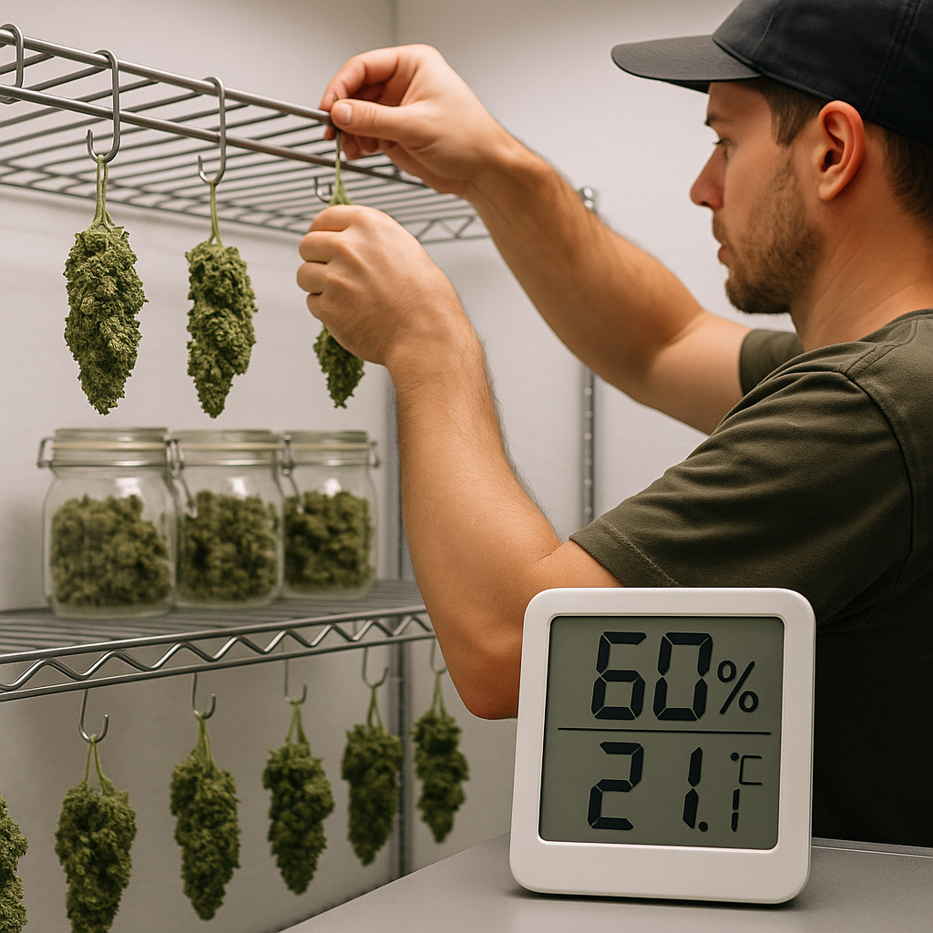 Guía rápida para secar y curar cogollos tras la cosecha: tiempos, humedad y temperatura recomendadas para preservar aroma, sabor y potencia.