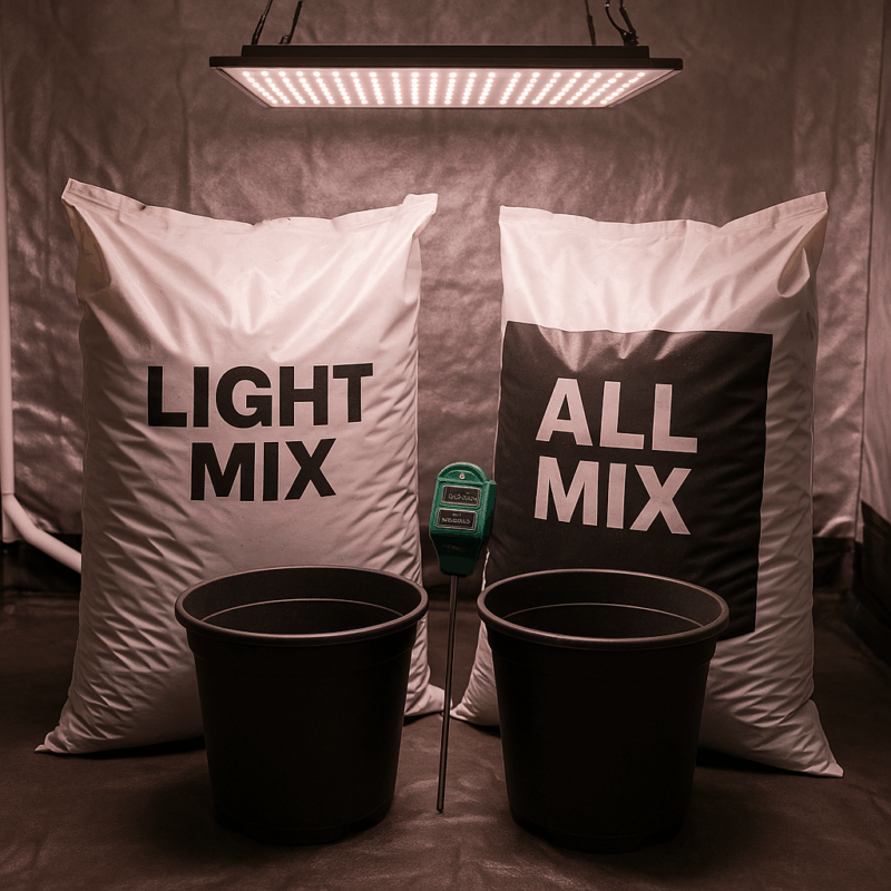 Comparativa clara entre Light Mix y All Mix de BioBizz: composición, usos, riego y cuándo elegir cada sustrato para cultivo indoor en Chile.