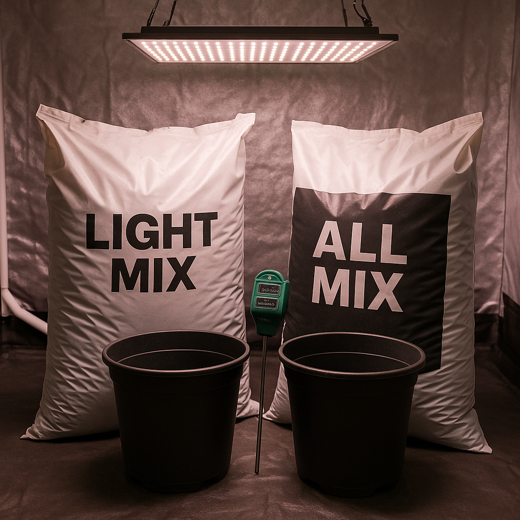 Comparativa clara entre Light Mix y All Mix de BioBizz: composición, usos, riego y cuándo elegir cada sustrato para cultivo indoor en Chile.