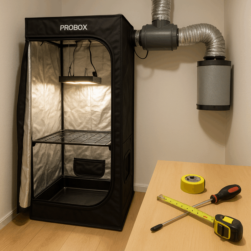 Checklist práctico para instalar un kit indoor con Probox, extractor y filtro de carbón: mediciones, dimensionamiento, montaje, ducting, sellado, pruebas y seguridad eléctrica.