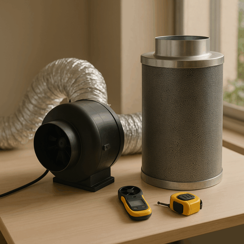 Guía práctica para calcular y emparejar el caudal del filtro de carbón y del extractor: fórmulas, ejemplo numérico, márgenes por pérdidas y recomendaciones de instalación.