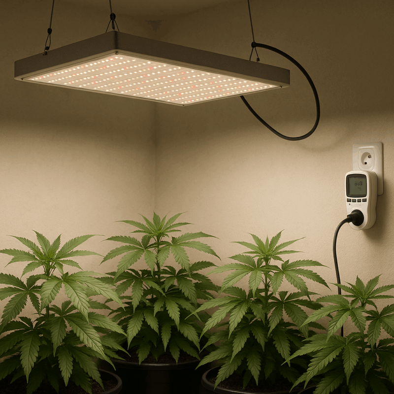Calcula cuánto pagas al mes por una LED Delight: fórmula práctica, ejemplos con horarios de cultivo, comparación con HPS y factores ocultos como ventilación.