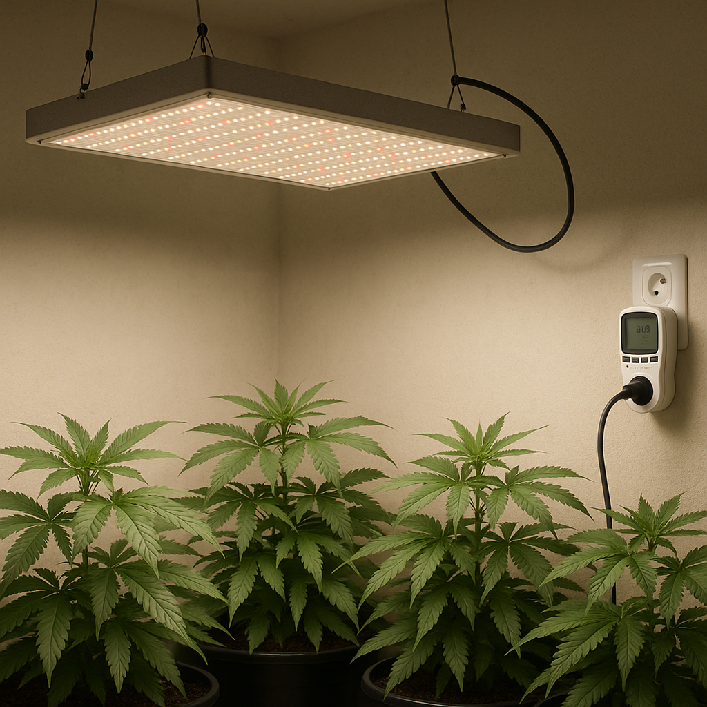 Calcula cuánto pagas al mes por una LED Delight: fórmula práctica, ejemplos con horarios de cultivo, comparación con HPS y factores ocultos como ventilación.