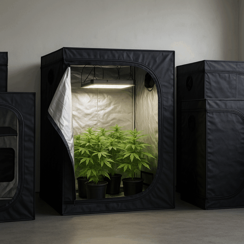 Guía práctica para elegir entre carpas 60×60, 80×80, 100×100 y 120×120: capacidad, altura, luz, ventilación, maceteros y recomendaciones según tu objetivo y espacio.