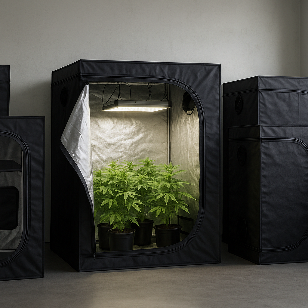 Guía práctica para elegir entre carpas 60×60, 80×80, 100×100 y 120×120: capacidad, altura, luz, ventilación, maceteros y recomendaciones según tu objetivo y espacio.