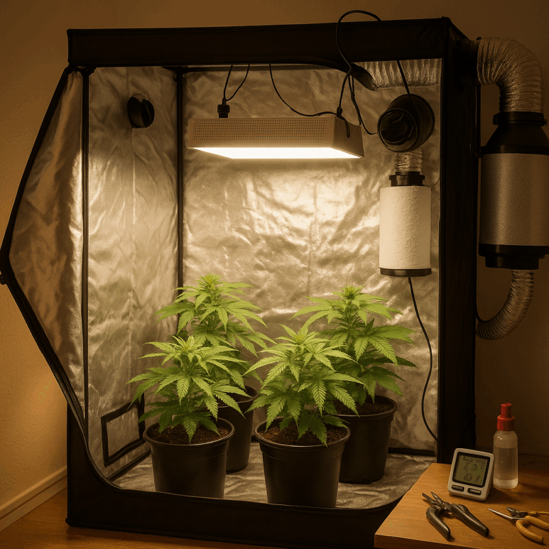Guía práctica para armar un kit indoor por piezas: cómo elegir carpa, LED, extractor y filtros, cálculos de ventilación y recomendaciones basadas en pruebas de Devolados.