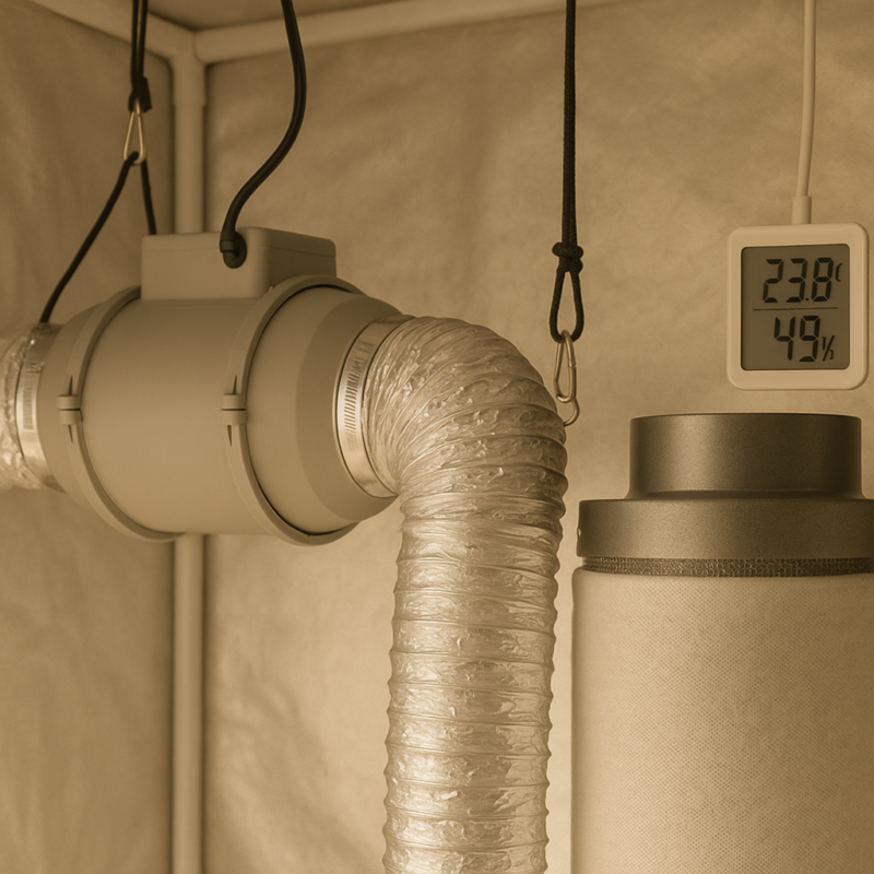 Guía práctica para optimizar el flujo con ductos 127 mm (5") y controlar la temperatura en un indoor: cálculos de caudal, elección de ventilador, filtros y controladores.