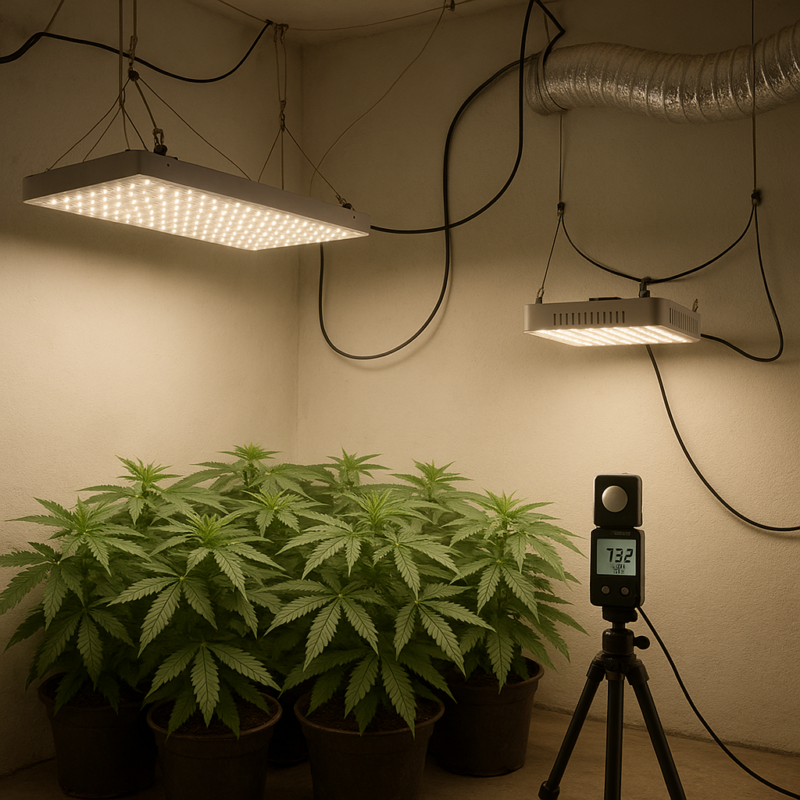 Comparativa técnica entre Delight Apollo y Quantum Square: mediciones de PPFD reales y rendimiento en g/W en ciclos de floración, con recomendaciones prácticas para cultivadores indoor en Chile.