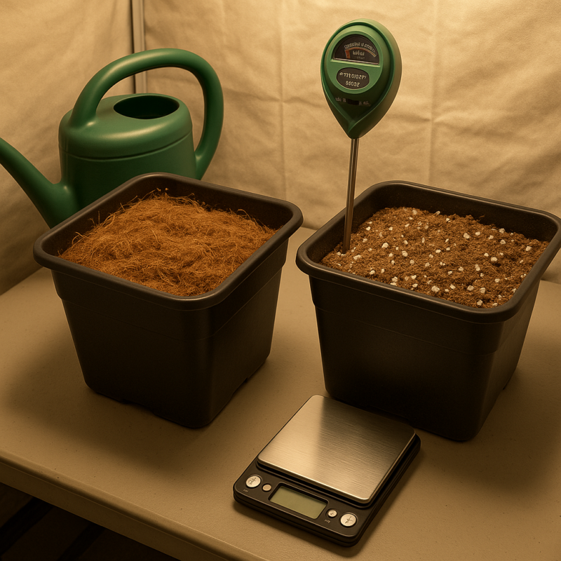 Comparativa práctica entre BioBizz Light Mix y Canna Coco: mediciones de retención de agua, drenaje, manejo de nutrientes y recomendaciones según etapa de cultivo.
