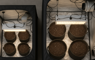 Cómo distribuir macetas de 7L y 11L en carpas 60×60 y 80×80: conteos reales, esquemas de disposición, riego y técnicas prácticas para optimizar rendimiento en espacios pequeños.