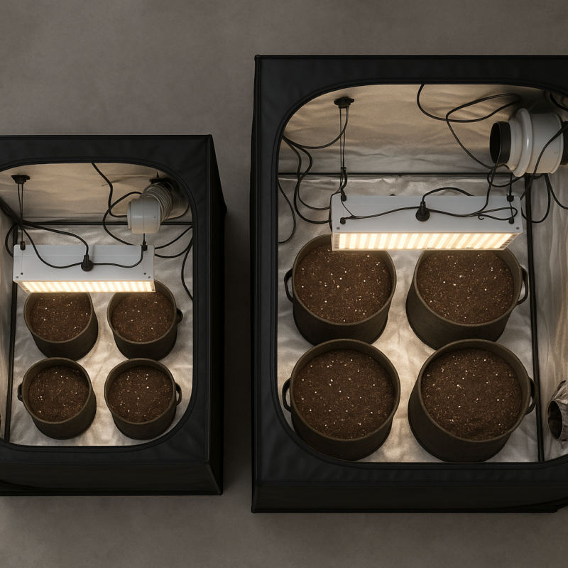 Cómo distribuir macetas de 7L y 11L en carpas 60×60 y 80×80: conteos reales, esquemas de disposición, riego y técnicas prácticas para optimizar rendimiento en espacios pequeños.