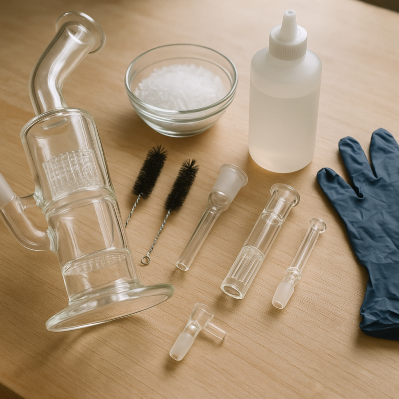 Paso a paso para limpiar bongs de vidrio con percoladores complejos: materiales seguros, métodos rápidos y profundos, y consejos para evitar quiebres o daños por choque térmico.