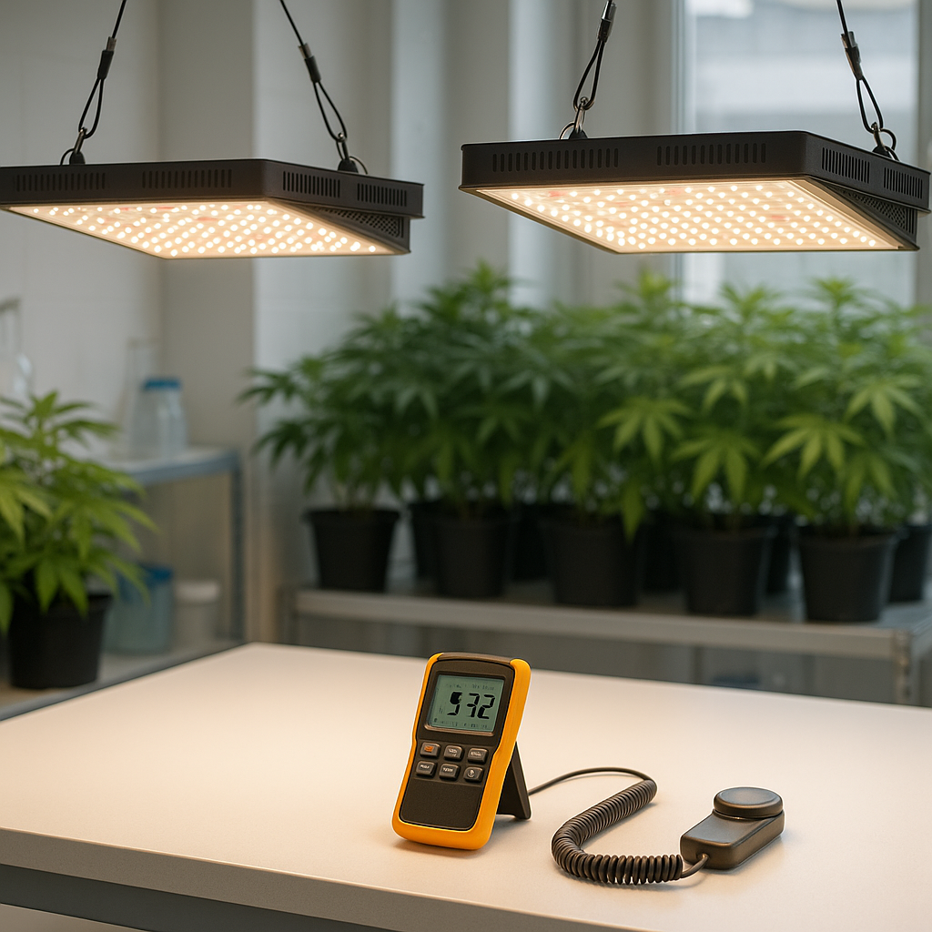Compara PPFD real, cobertura útil, eficiencia y costo por mol entre dos paneles LED para elegir mejor según tamaño de cultivo y nivel de intensidad.