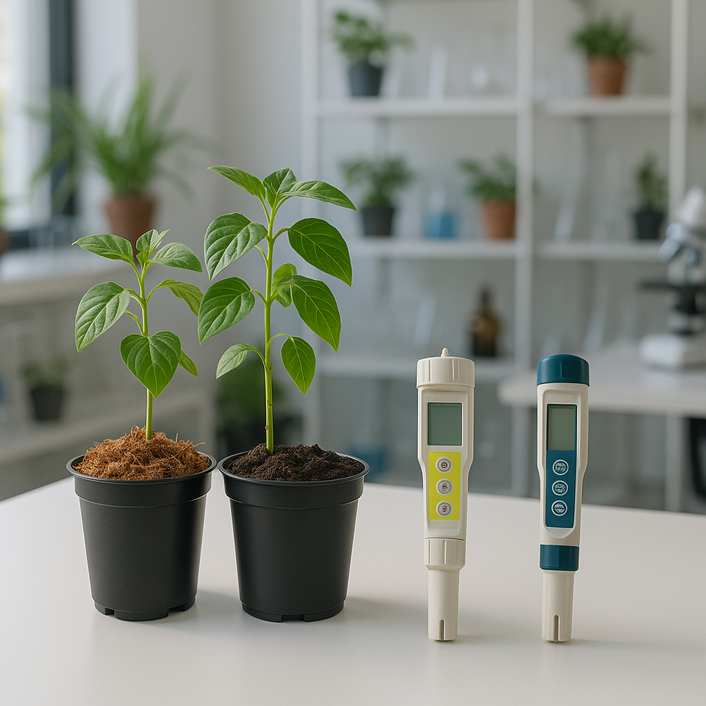 Compara coco y tierra para pasar a hidroponía pasiva con Canna Professional Plus: retención de agua, oxigenación, pH, EC y manejo real del riego.